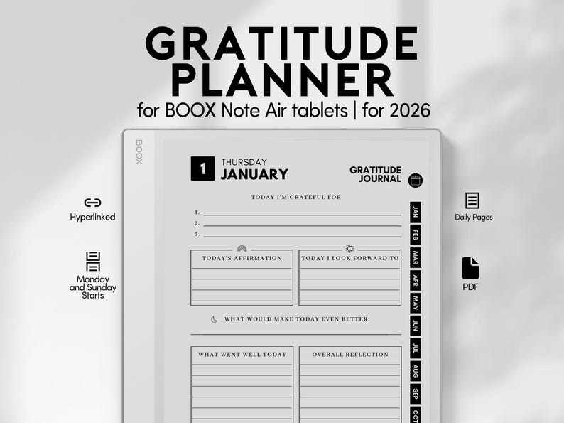 Gratitude Journal 2026 for BOOX Tablets | Daily Reflection Prompts Digital PDF | Mindfulness Journal E-Ink Note Air 3 image 1