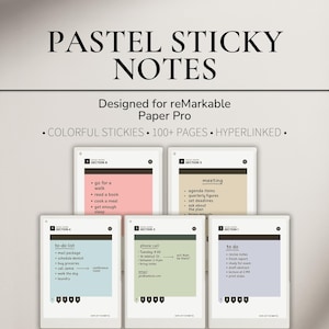 Puede incluir: Notas adhesivas digitales en colores pastel diseñadas para reMarkable Paper Pro. La imagen muestra cinco notas adhesivas digitales con fondos y texto de diferentes colores. El texto incluye "to-do list", "meeting" y "phone call". Las notas son coloridas e hipervinculadas.
