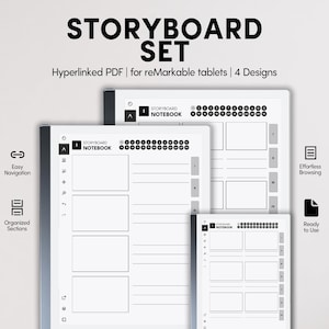 May include: A digital storyboard set for reMarkable tablets. The image shows three tablets displaying a storyboard notebook design. The text on the image reads "STORYBOARD SET" and "Hyperlinked PDF | for reMarkable tablets | 4 Designs". The design includes sections for easy navigation.