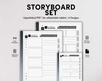Può includere: Un set di storyboard digitali per tablet reMarkable. L'immagine mostra tre tablet che visualizzano un design di taccuino storyboard. Il testo sull'immagine recita "STORYBOARD SET" e "Hyperlinked PDF | for reMarkable tablets | 4 Designs". Il design include sezioni per una facile navigazione.
