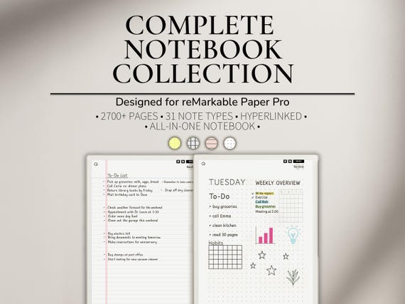 Complete Notebook Collection for reMarkable Paper Pro | Multicolor Premium Notebook | Lined Graph Paper | Grid Notebook | Cornell Template