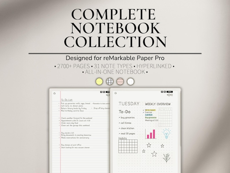 Komplett anteckningsbokskollektion för reMarkable Paper Pro | Flerfärgad premiumanteckningsbok | Linjerat rutat papper | Rutnätsanteckningsbok | Cornell-mall bild 1