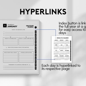 May include: A digital gratitude journal with the word "HYPERLINKS" at the top. The journal page shows January 1st with sections for affirmations and reflections. A small calendar shows the year 2026. The index button links to the full year.