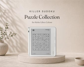 Op de afbeelding: Een witte Kobo Libra Colour e-reader met een Killer Sudoku-puzzel op het scherm, vergezeld van een witte stylus aan de zijkant. De tekst op het scherm luidt Killer Sudoku Puzzle Collection for Kobo Libra Colour en het cijfer 01.