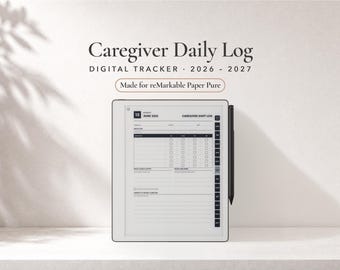 Può includere: Un tablet digitale che mostra un registro giornaliero per assistenti Caregiver Daily Log 2026-2027, progettato per reMarkable Paper Pure. Lo schermo mostra un'interfaccia di registro turni con caselle e righe. Una penna nera è fissata al dispositivo grigio.