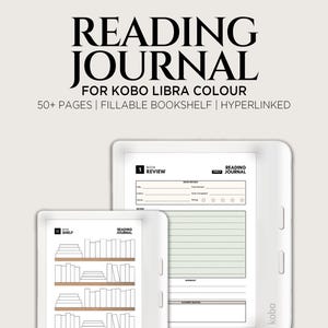 Diario de lectura para Kobo Libra Colour / Más de 50 estanterías / Páginas de reseñas de libros con hipervínculos / Rastreador de biblioteca digital / Plantilla de registro de lectura