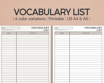 Pode incluir: Um modelo de lista de vocabulário imprimível com duas páginas brancas idênticas e texto preto. Cada página inclui um campo de data, os dias da semana e uma tabela com colunas para palavra e definição. O cabeçalho diz VOCABULARY LIST.