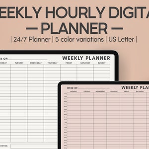 Op de afbeelding: Twee digitale weekplanners op een tabletscherm. De planner is verdeeld in dagen van de week en uren. De planner heeft een eenvoudig ontwerp met zwarte lijnen en tekst. De tekst op de planner zegt "Weekly Planner" en "Week of:".