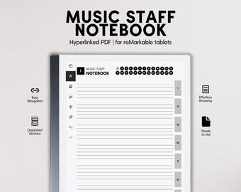 Può includere: Un quaderno di musica digitale per tablet reMarkable con interfaccia PDF ipertestuale, schede numerate, icone di navigazione e un layout pulito per la notazione musicale. Lo schermo mostra il testo Music Staff Notebook.