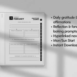 May include: Digital gratitude journal with prompts for daily reflection. Features include daily affirmations, forward-looking prompts, and hyperlinked navigation. The journal is designed for instant download and has a Mon/Sun start.