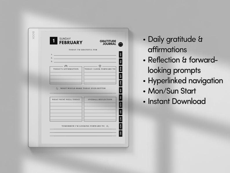 May include: Digital gratitude journal with prompts for daily reflection. Features include daily affirmations, forward-looking prompts, and hyperlinked navigation. The journal is designed for instant download and has a Mon/Sun start.