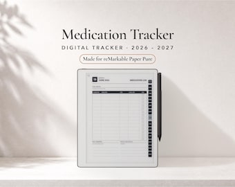 Può includere: Un tracker digitale di farmaci per reMarkable Paper Pure che mostra un modello di registro dei farmaci per giugno 2026. Lo schermo presenta una tabella con colonne per nome del farmaco, dosaggio, orario e caselle, con uno stilo nero a lato.