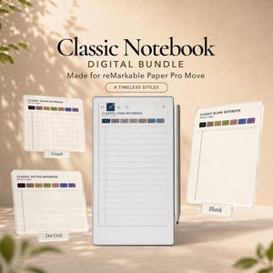 Puede incluir: Un paquete de cuadernos digitales para reMarkable Paper Pro Move con cuatro estilos: cuadriculado, rayado, punteado y en blanco. La pantalla muestra una interfaz de cuaderno rayado con un lápiz óptico al lado, mientras que paneles flotantes muestran los otros tres diseños de página con pestañas de colores.