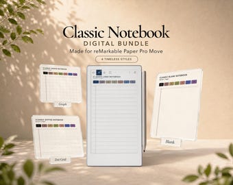 Può includere: Un pacchetto di quaderni digitali per reMarkable Paper Pro Move con quattro stili: a quadretti, a righe, puntinato e vuoto. Lo schermo mostra un'interfaccia di quaderno a righe con uno stilo laterale, mentre pannelli fluttuanti mostrano gli altri tre layout di pagina con schede colorate.