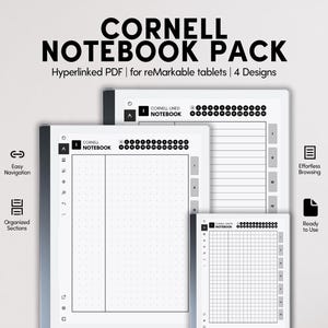Puede incluir: Un paquete de cuadernos digitales Cornell para tabletas reMarkable. La imagen muestra cuatro diseños de cuadernos diferentes con el texto "CORNELL NOTEBOOK PACK" y "Hyperlinked PDF | for reMarkable tablets | 4 Designs". Incluye navegación fácil y secciones organizadas.