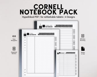 Può includere: Un pacchetto di quaderni digitali Cornell per tablet reMarkable. L'immagine mostra quattro diversi design di quaderni con il testo "CORNELL NOTEBOOK PACK" e "Hyperlinked PDF | for reMarkable tablets | 4 Designs". Include navigazione facile e sezioni organizzate.
