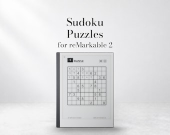 Op de afbeelding: Een digitale tablet die een Sudoku-puzzel op het scherm weergeeft. De tekst boven het apparaat luidt Sudoku Puzzles for reMarkable 2. Het scherm toont een raster met diverse cijfers, een puzzelnummer en navigatiepictogrammen onderaan.