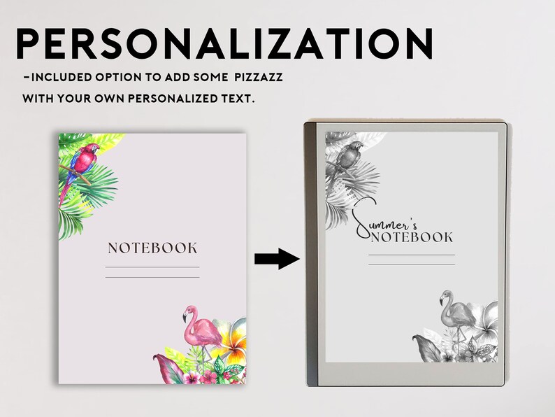 K&ouml;nnte beinhalten: Ein personalisierbarer Notizbuchumschlag mit tropischem Thema. Der Umschlag zeigt einen rosa Flamingo, tropische Blumen und einen Papagei auf einem Ast. Der Text "NOTEBOOK" ist auf dem Umschlag gedruckt. Der Umschlag kann mit Ihrem eigenen Text personalisiert werden.