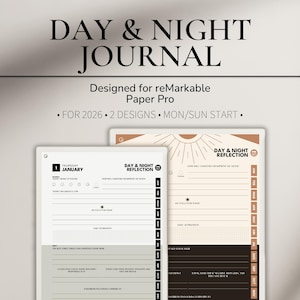 Day and Night Gratitude Journal for reMarkable Paper Pro | 2026 Five Minute Journal | Reflection CBT Planner | Self Care Journal