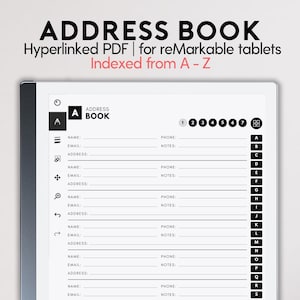 Peut inclure: Une image en noir et blanc d'un carnet d'adresses imprimable pour la tablette reMarkable. Le carnet d'adresses est hyperlié et indexé de A à Z. Il comporte plus de 210 pages et 7 pages par lettre.