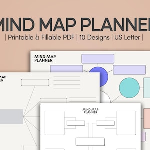 May include: A Mind Map Planner printable and fillable PDF set featuring 10 designs in US Letter size. The pages display various organisational layouts with blank boxes, circles, and lines for brainstorming, all labelled with the text Mind Map Planner.