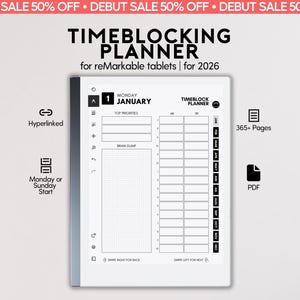 May include: A digital timeblocking planner for reMarkable tablets for 2026, featuring a daily layout with top priorities, a brain dump section, and an hourly schedule. The interface includes hyperlinked navigation, 365+ pages, and PDF format.
