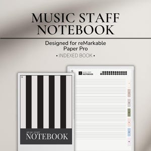 Peut inclure: Un cahier de musique numérique pour reMarkable Paper Pro. La couverture présente des rayures verticales noires et blanches et le texte "MUSIC STAFF NOTEBOOK". Les pages intérieures ont des portées et un index.