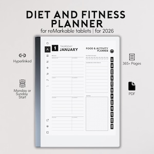 May include: A digital diet and fitness planner for reMarkable tablets for 2026. The screen displays a daily layout for Thursday, January 1st, with sections for meals, water intake, exercise, and notes. It features hyperlinked navigation, 365+ pages, and a PDF format.