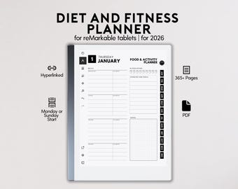 Diet and Fitness Planner for reMarkable 2 | Calorie Tracker | Exercise Meal Planner | Track  Weight and Workout Goals | Health Planner
