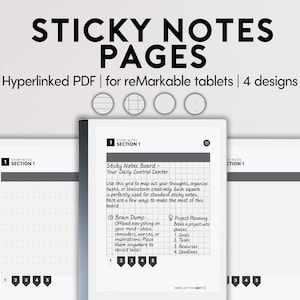 Puede incluir: Páginas de notas adhesivas digitales para tabletas reMarkable. La imagen muestra un PDF digital con un diseño de cuadrícula para tomar notas, con el texto "Sticky Notes Pages" en la parte superior. El diseño incluye secciones para lluvia de ideas y planificación de proyectos.