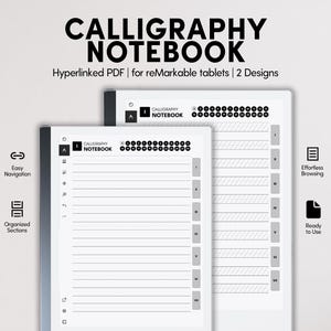 Może przedstawiać: Cyfrowy notatnik do kaligrafii dla tabletów reMarkable. Obraz przedstawia dwa tablety wyświetlające projekt notatnika, z tekstem "CALLIGRAPHY NOTEBOOK" u góry. Funkcje obejmują łatwą nawigację, zorganizowane sekcje i przeglądanie bez wysiłku.