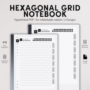 Puede incluir: Dos tabletas digitales que muestran un diseño de cuaderno de cuadrícula hexagonal. El texto "HEXAGONAL GRID NOTEBOOK" está en la parte superior. El diseño incluye navegación fácil, secciones organizadas y navegación sin esfuerzo. El cuaderno es un PDF con hipervínculos para tabletas reMarkable.