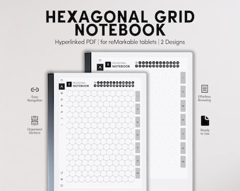 Può includere: Due tablet digitali che mostrano un design di notebook a griglia esagonale. Il testo "HEXAGONAL GRID NOTEBOOK" è in alto. Il design include una facile navigazione, sezioni organizzate e navigazione senza sforzo. Il notebook è un PDF con collegamenti ipertestuali per tablet reMarkable.