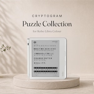 Puede incluir: Un lector electrónico Kobo Libra Colour blanco con un lápiz óptico blanco a juego en el lateral. La pantalla muestra un rompecabezas de criptograma titulado 01 con el texto WHAT WE ACHIEVE INWARDLY WILL CHANGE OUTER REALITY y una cuadrícula.