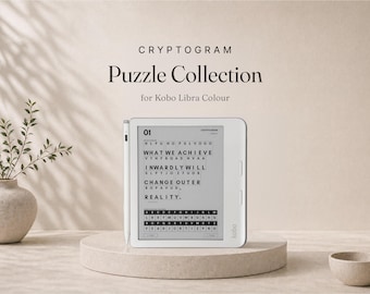 Op de afbeelding: Een witte Kobo Libra Colour e-reader met een bijpassende witte stylus aan de zijkant. Het scherm toont een cryptogrampuzzel getiteld 01 met de tekst WHAT WE ACHIEVE INWARDLY WILL CHANGE OUTER REALITY en daaronder een letter-substitutierooster.
