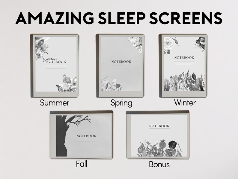 K&ouml;nnte beinhalten: F&uuml;nf verschiedene Notizbuchcover mit einem saisonalen Thema. Die Cover sind alle wei&szlig; mit schwarzen und grauen Illustrationen. Die Cover sind mit "Sommer", "Fr&uuml;hling", "Winter", "Herbst" und "Bonus" beschriftet.