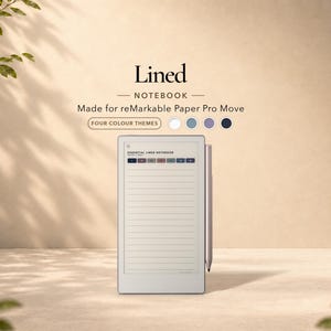 May include: A digital lined notebook for reMarkable Paper Pro Move featuring a light-colored screen with horizontal lines and a stylus attached to the side. The display shows the text Essential Lined Notebook and a row of small colored squares.