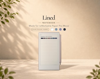 Può includere: Un taccuino digitale a righe per reMarkable Paper Pro Move con uno schermo chiaro a linee orizzontali e uno stilo fissato sul lato. Il display mostra il testo Essential Lined Notebook e una fila di piccoli quadrati colorati.