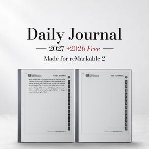 Puede incluir: Un diario digital para tabletas reMarkable 2, con el texto Daily Journal 2027 +2026 Free Made for reMarkable 2. Se muestran dos pantallas de tableta lado a lado, una con texto escrito a mano y la otra con un diseño de cuadrícula.