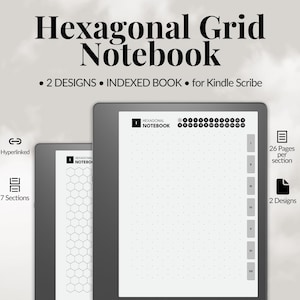 Può includere: Un taccuino digitale per Kindle Scribe con un design a griglia esagonale. L'immagine mostra due tablet che visualizzano il taccuino, con funzionalità come 7 sezioni, 2 design e 26 pagine per sezione. Il taccuino è ipertestuale e indicizzato.