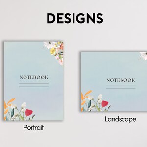 K&ouml;nnte beinhalten: Zwei Notizbuch-Cover-Designs mit einem floralen Muster. Das Design links ist im Hochformat und das Design rechts im Querformat. Beide Designs haben den Schriftzug "NOTEBOOK" aufgedruckt.