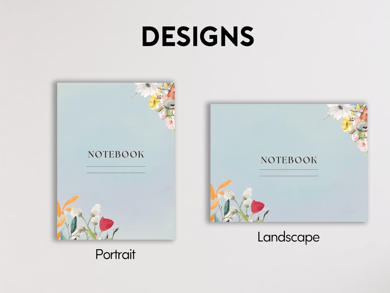 K&ouml;nnte beinhalten: Zwei Notizbuch-Cover-Designs mit einem floralen Muster. Das Design links ist im Hochformat und das Design rechts im Querformat. Beide Designs haben den Schriftzug "NOTEBOOK" aufgedruckt.
