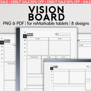 Puede incluir: Un conjunto de cuatro plantillas de tablero de visión en blanco y negro para tabletas reMarkable. Las plantillas están divididas en secciones para la riqueza, la salud, las relaciones, la familia y la carrera. Cada sección tiene un patrón de cuadrícula para organizar ideas e imágenes.