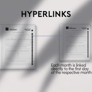 May include: Two open gratitude journals with the word "HYPERLINKS" above them. The left journal is dated January 1st, and the right journal is dated February 1st. The text "Each month is linked directly to the first day of the respective month" is below the journals.