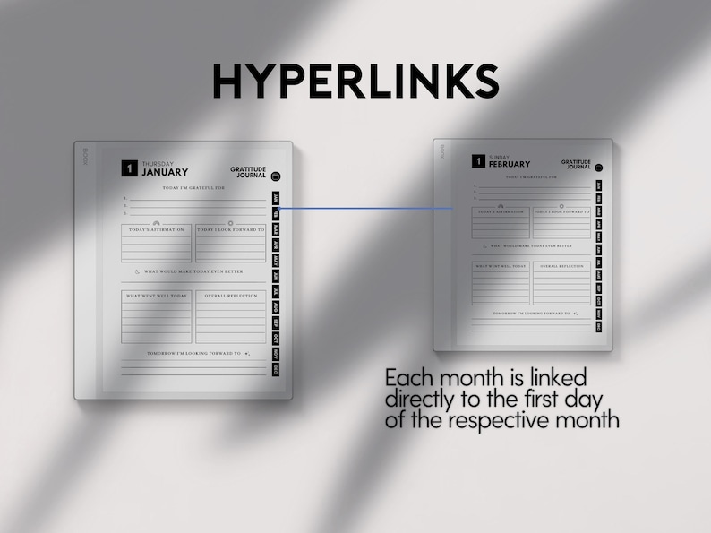 May include: Two open gratitude journals with the word "HYPERLINKS" above them. The left journal is dated January 1st, and the right journal is dated February 1st. The text "Each month is linked directly to the first day of the respective month" is below the journals.