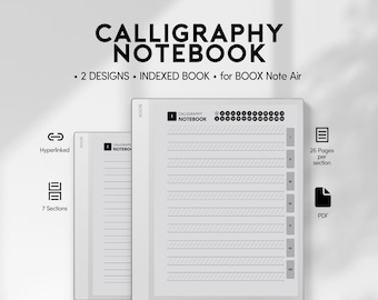 Può includere: Un quaderno di calligrafia digitale per BOOX Note Air, con due design e un formato libro indicizzato. Ha 7 sezioni, è ipertestuale e include 26 pagine per sezione. È disponibile anche il formato PDF.