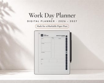Può includere: Un tablet digitale che mostra un Work Day Planner per il 2026-2027, progettato per reMarkable Paper Pure. Lo schermo visualizza un programma giornaliero con sezioni per attività, liste e note, accompagnato da uno stilo nero sul lato.