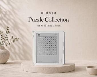 Op de afbeelding: Een witte Kobo Libra Colour e-reader die een Sudoku-puzzel op het scherm toont, vergezeld van een witte stylus aan de zijkant. De tekst boven het apparaat luidt "SUDOKU Puzzle Collection for Kobo Libra Colour" in een donker schreeflettertype.