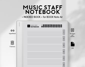 Può includere: Un quaderno digitale per pentagrammi per BOOX Note Air, con un layout a righe per la notazione musicale. Il quaderno è indicizzato, ipertestuale e ha 7 sezioni, con 26 pagine per sezione. È disponibile anche il formato PDF.