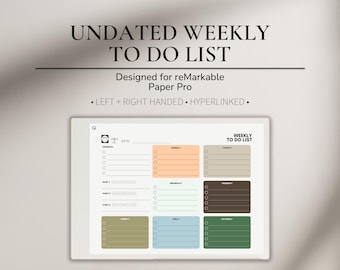 Agenda hebdomadaire non daté pour liste de tâches pour reMarkable Paper Pro | Suivi des tâches numérique | Liste de contrôle du planificateur de projet | Calendrier hebdomadaire de la liste des tâches